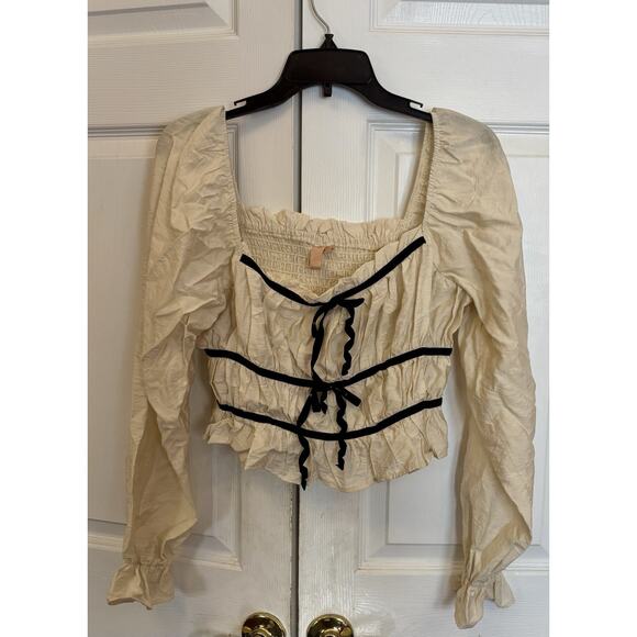 thirty Thirty Tops - NWOT Thirty Thirty Smocked Milkmaid Crop Top sz Large Cream White Black Bow NEW